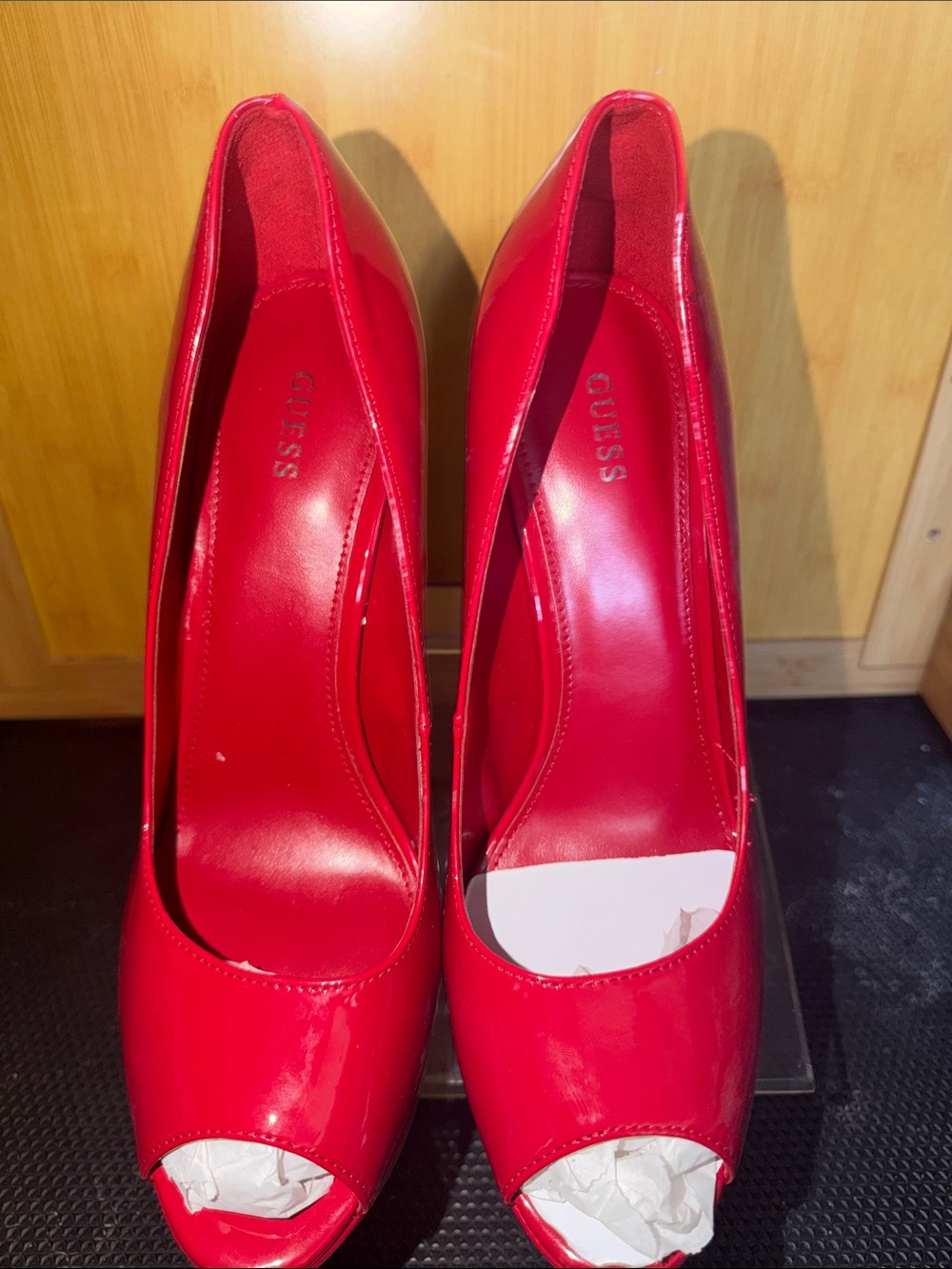 Guess Red Patent Peep-Toe Heels